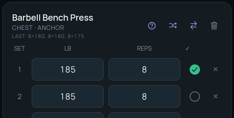 The workout the client runs: last session's numbers shown beside each set